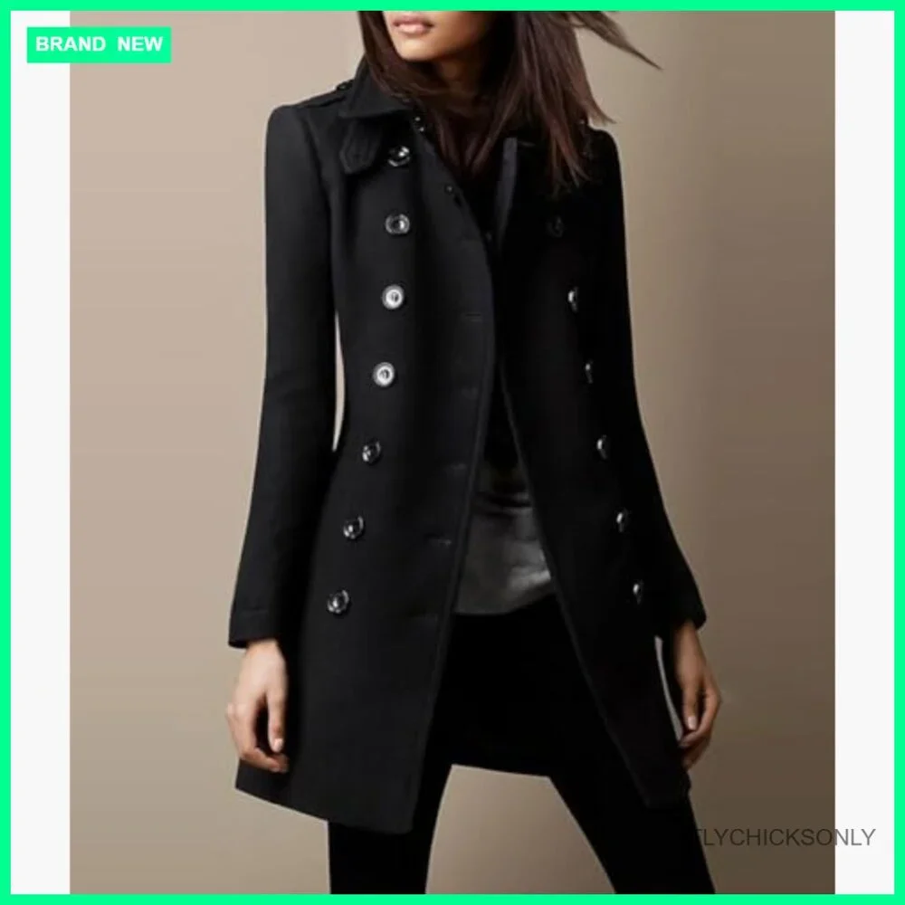 Women's Wool Blend Pea Coat Double Breasted Winter Trench - Picture 2 of 2